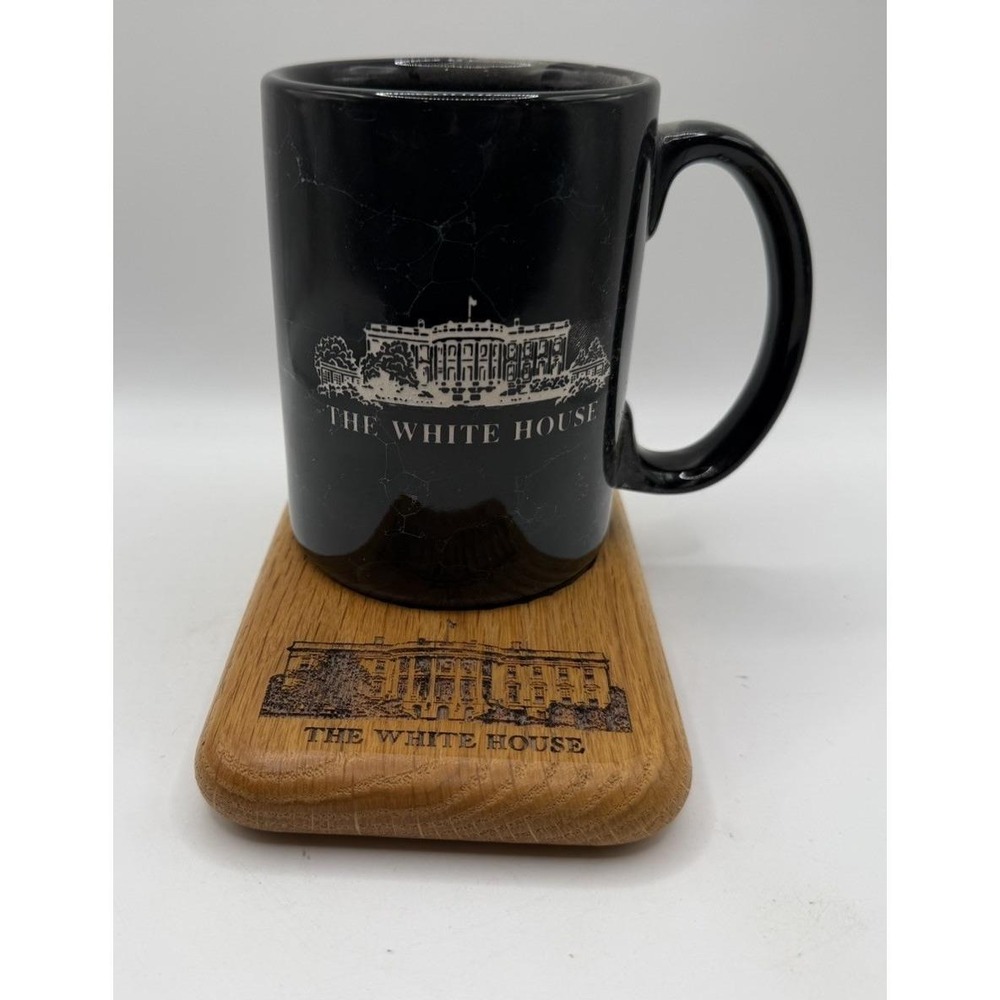 Vintage White House Mug & Wood‎ Cork Coaster Set Marble Look Souvenir